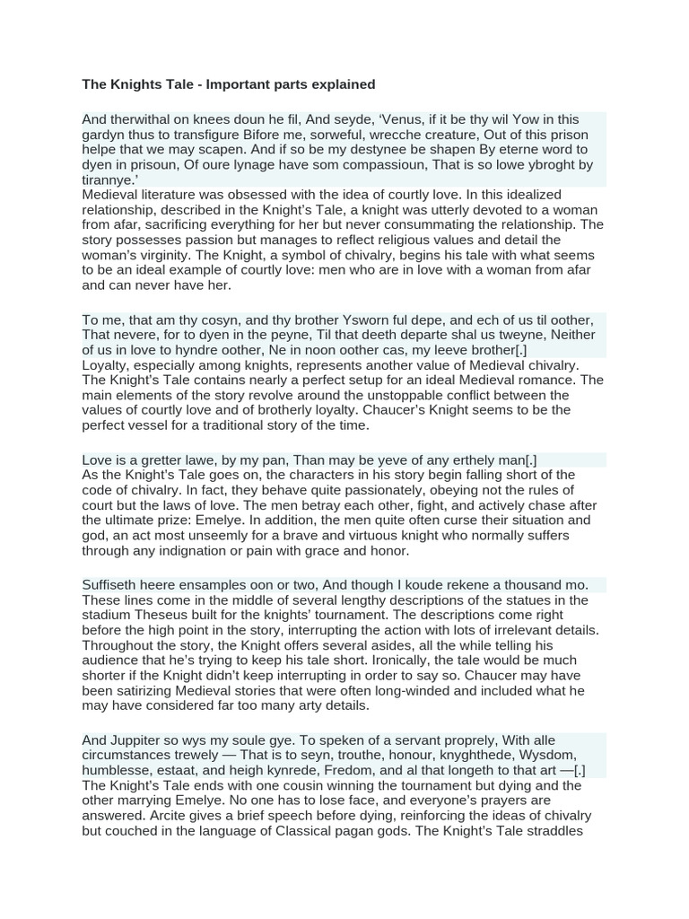 The Knights Tale - Important Parts Explained | PDF