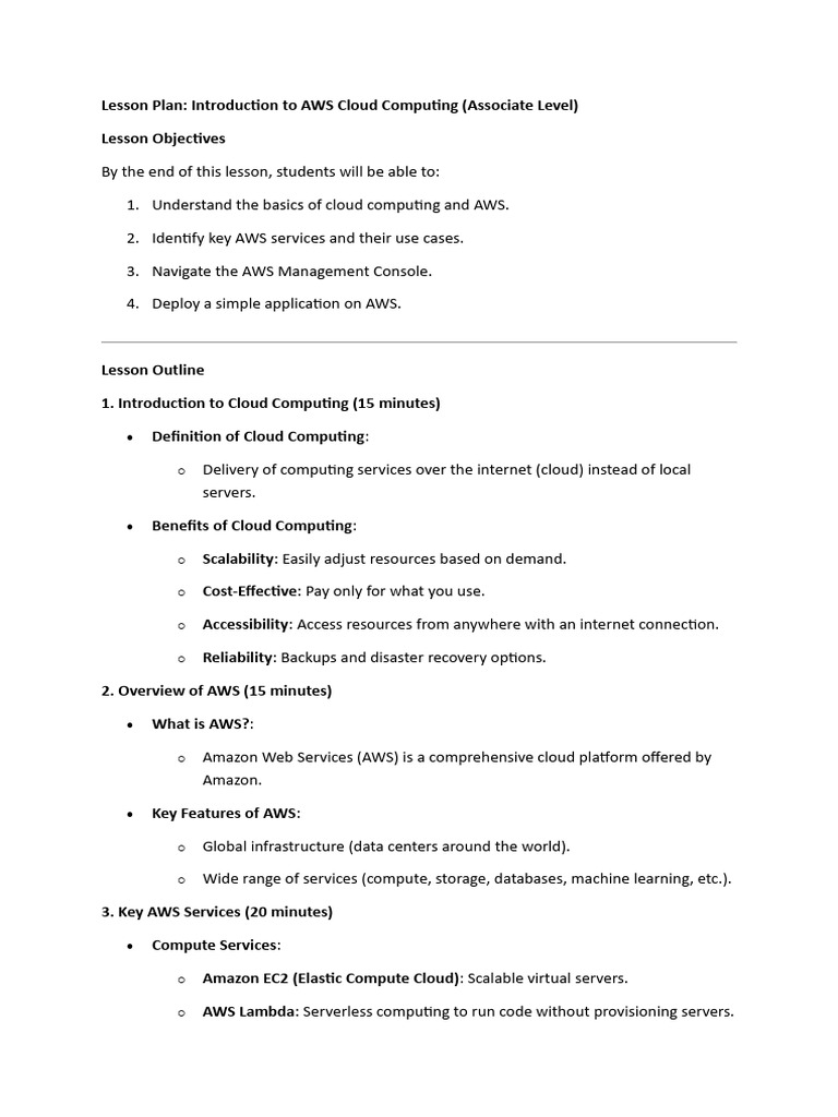 Lesson Plan Introduction To Aws Cloud Computing Associate Level Pdf