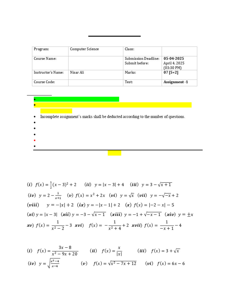 Calculus Assignment MTH 107 Spring 2025 | PDF | Function (Mathematics ...