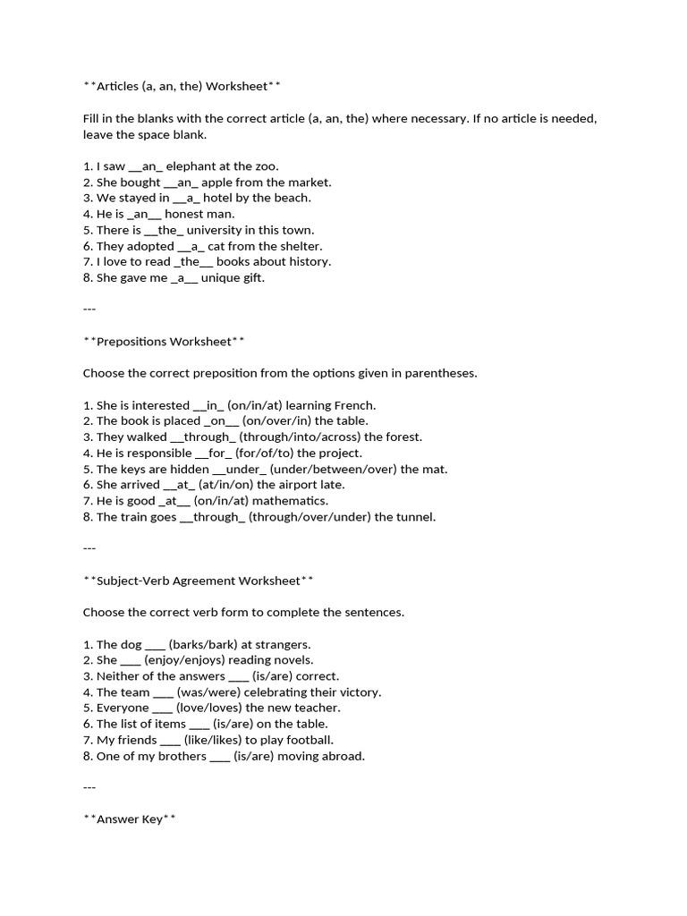 Articles, Prepositions, & Agreement Worksheets | PDF