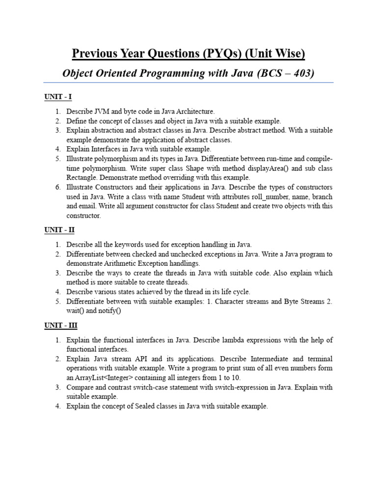 Java PYQs Unit Wise with Answers | PDF | Method (Computer Programming ...
