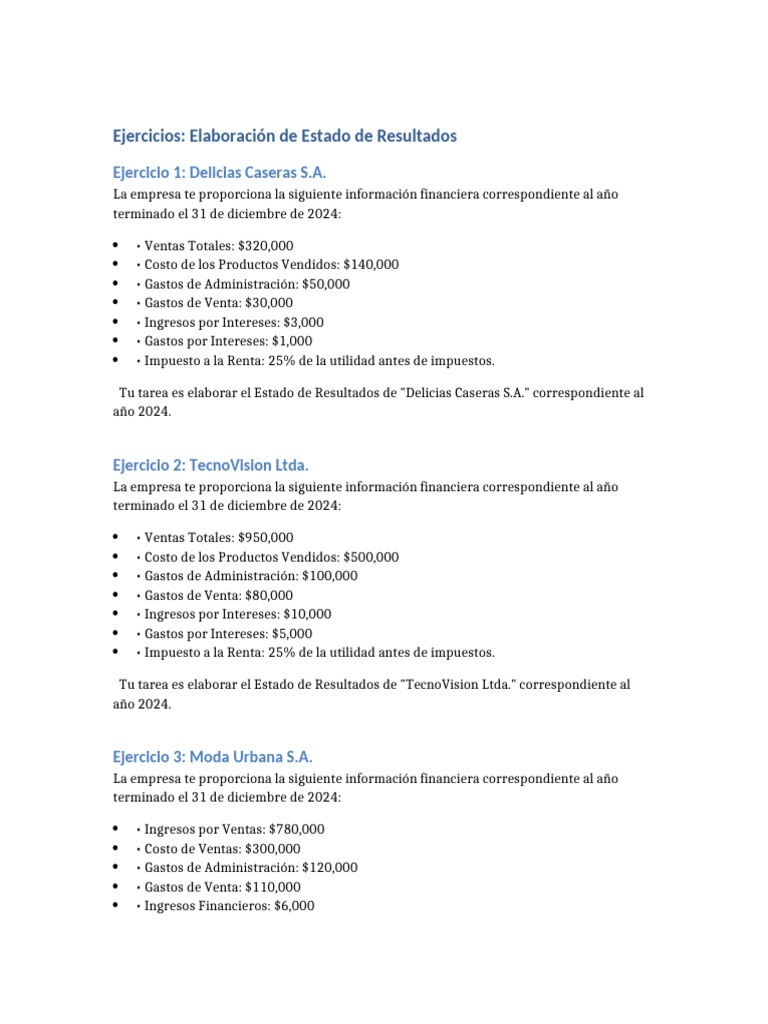 Ejercicios de Estado de Resultados 2024 | PDF | Estado de resultados ...