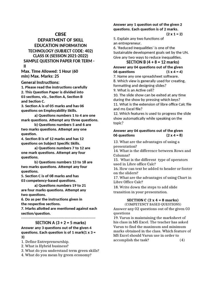 CBSE Class IX IT Sample Question Paper | PDF | Multiplication ...