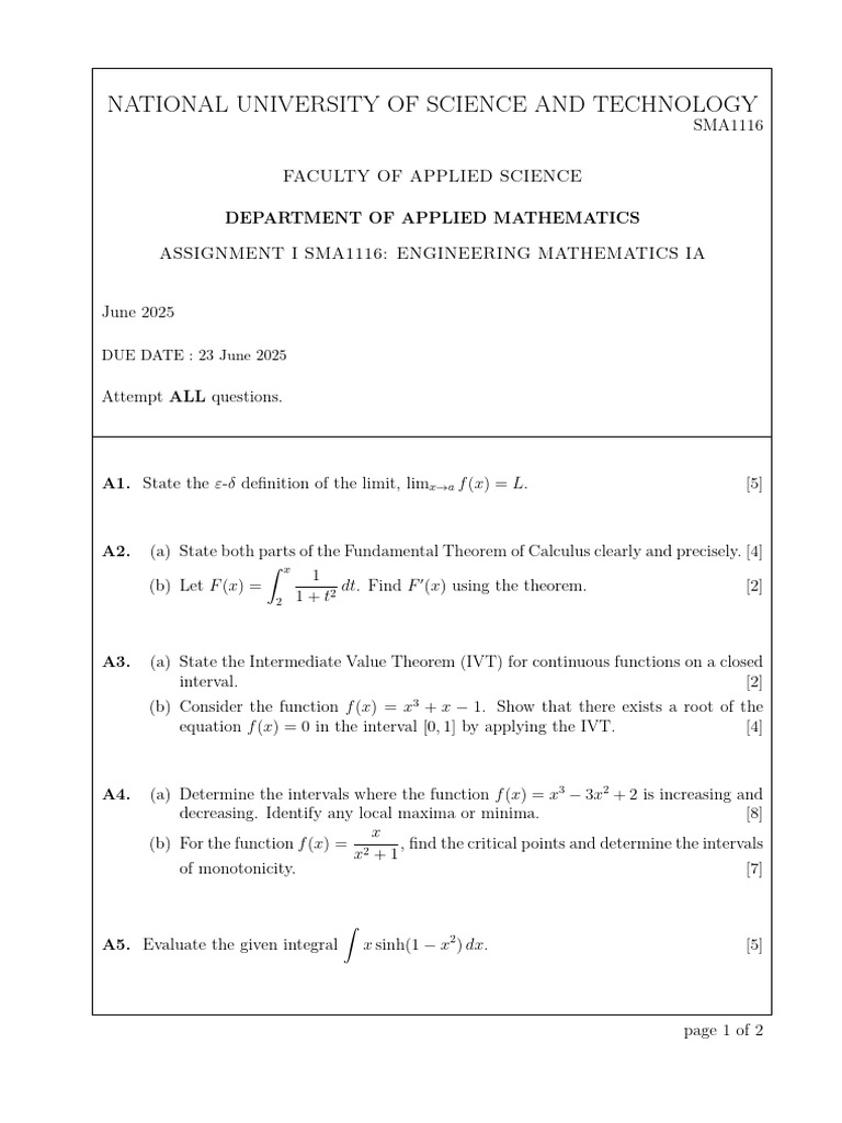 Engineering Mathematics Assignment 2025 | PDF | Integral | Function ...