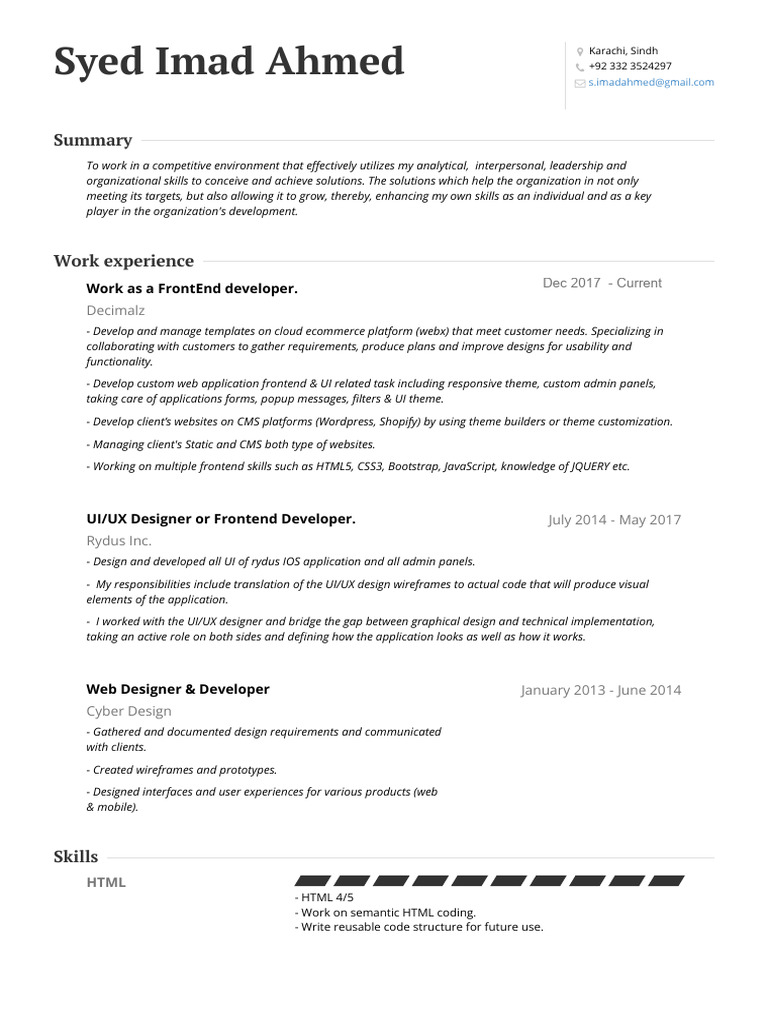 FrontEnd Developer Resume - Syed Imad Ahmed | PDF | Adobe Creative ...