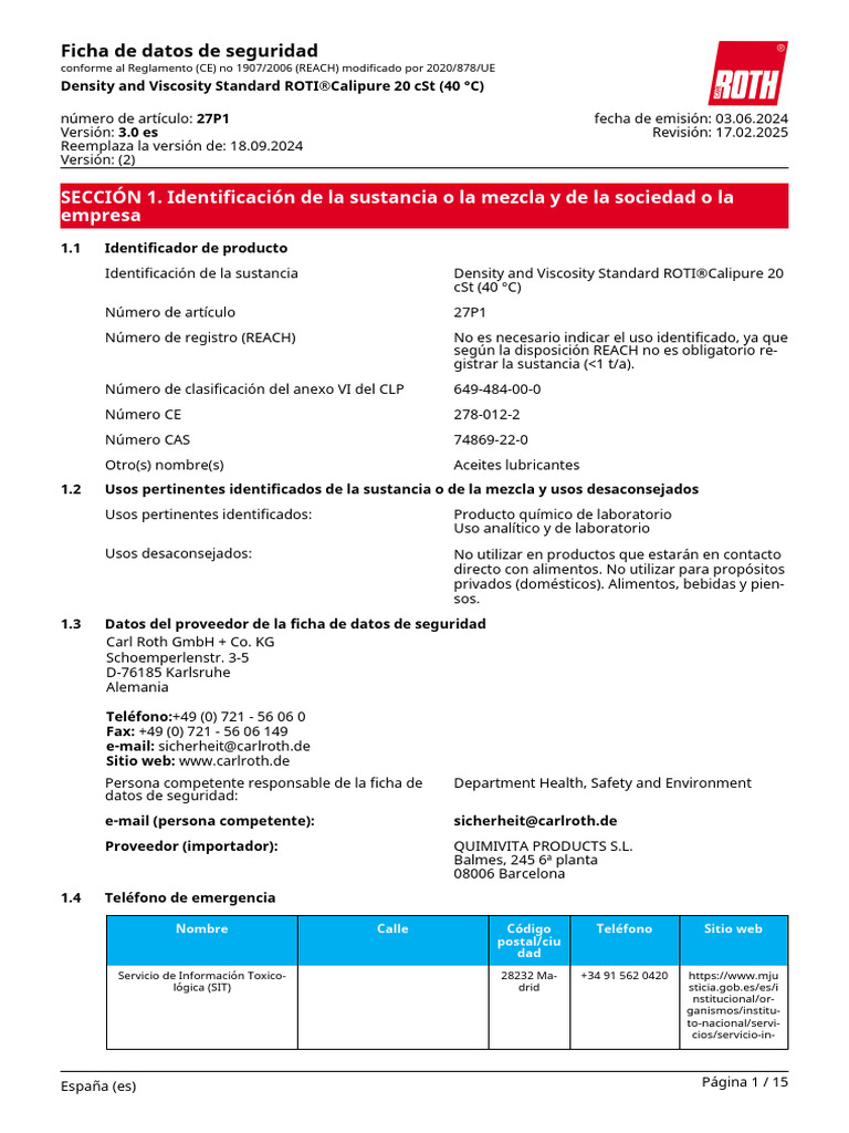 Ficha de Seguridad ROTI®Calipure 20 cSt | PDF | Residuos | Productos ...