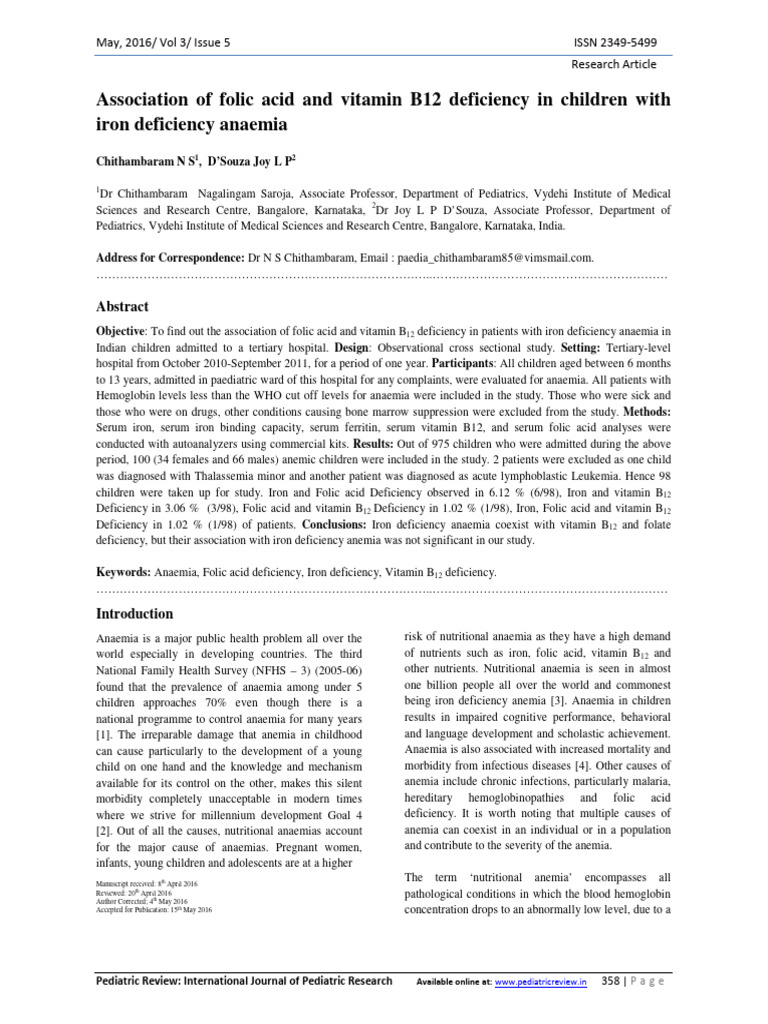 Association of Folic Acid and Vitamin B12 Deficien | PDF | Anemia ...
