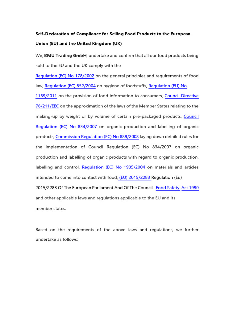 EU UK Food Compliance Declaration | PDF | Regulatory Compliance | Food ...