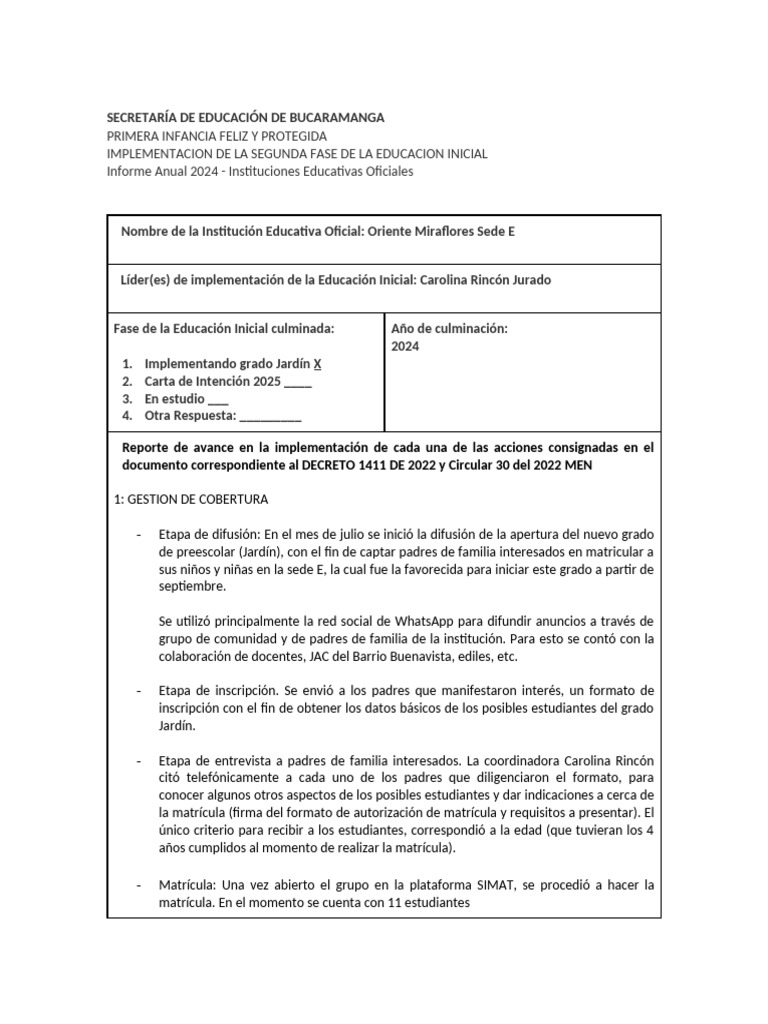 Informe Educación Inicial Bucaramanga 2024 | PDF | Educación de la ...