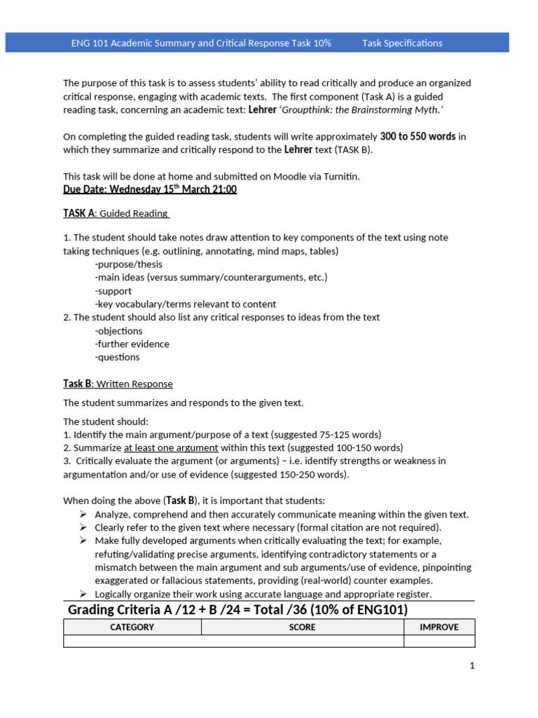 ENG 101 Critical Response Guidelines | PDF | Argument | Information