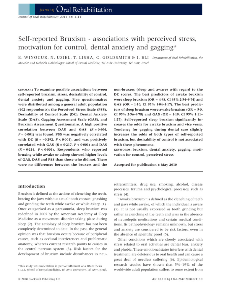 2010 - J of Oral Rehabilitation - Winocur - Self Reported Bruxism ...