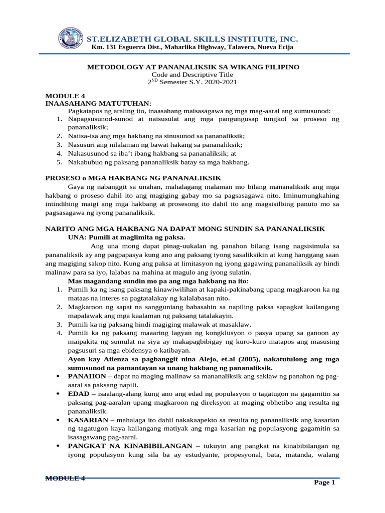 Module 4 Metodology at Pananaliksik Sa Wikang Filipino | PDF