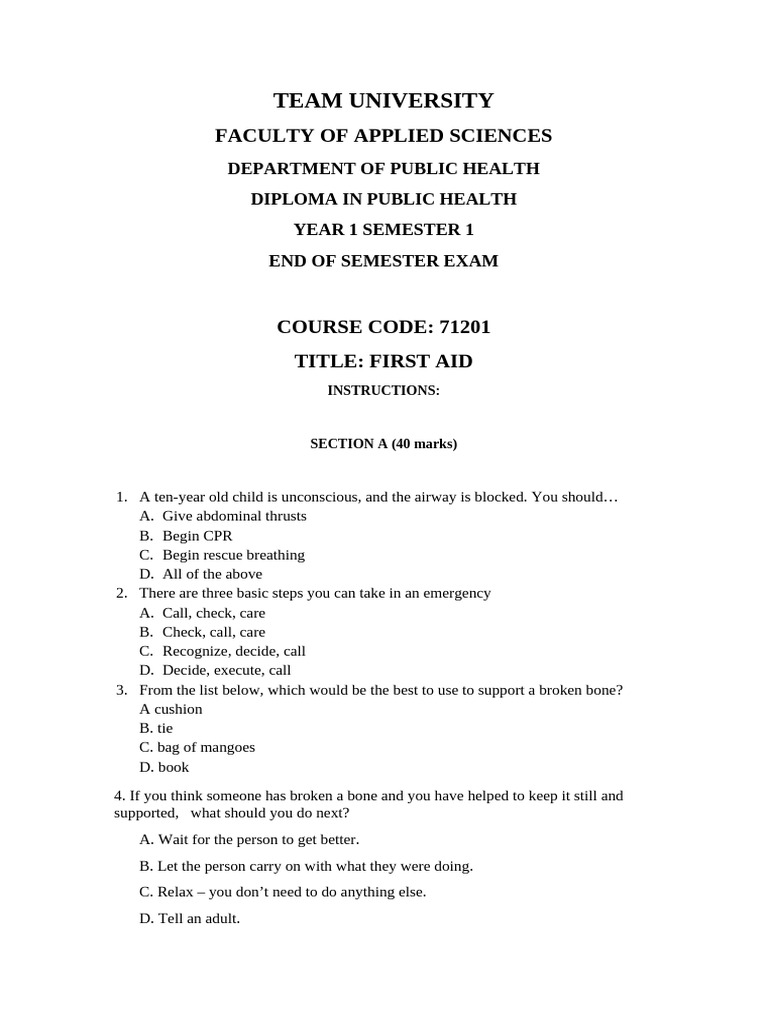 First Aid Exam Questions and Guidelines | PDF | First Aid ...