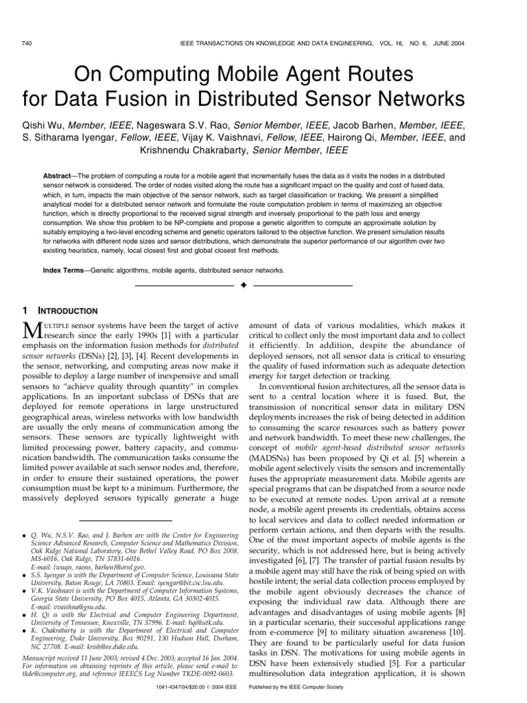 On Computing Mobile Agent Routes For Data Fusion in Distributed Sensor ...