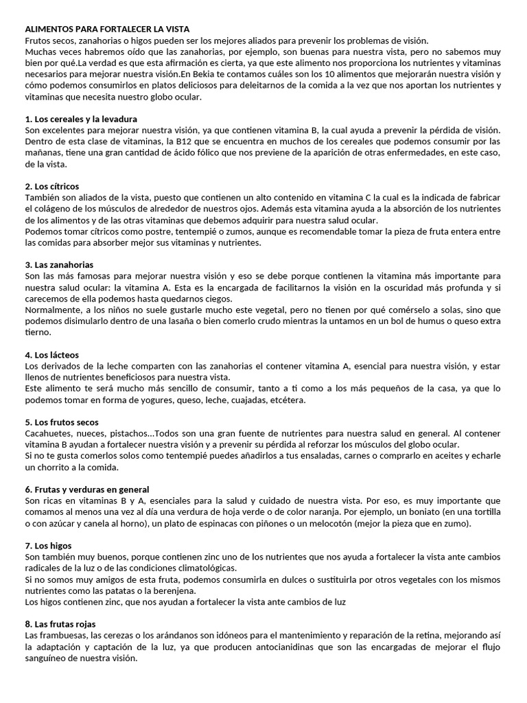 Alimentos Esenciales para Mejorar la Vista | PDF | Vitamina a | Alimentos