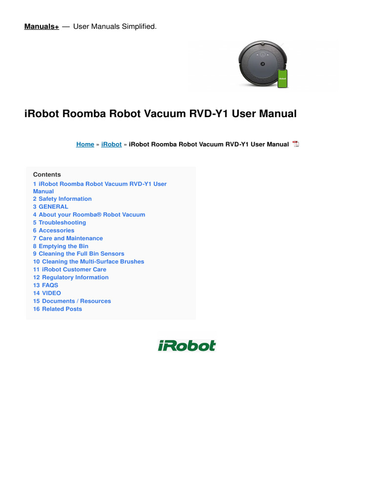 Roomba RVD-Y1 User Manual Guide | PDF | Manufactured Goods