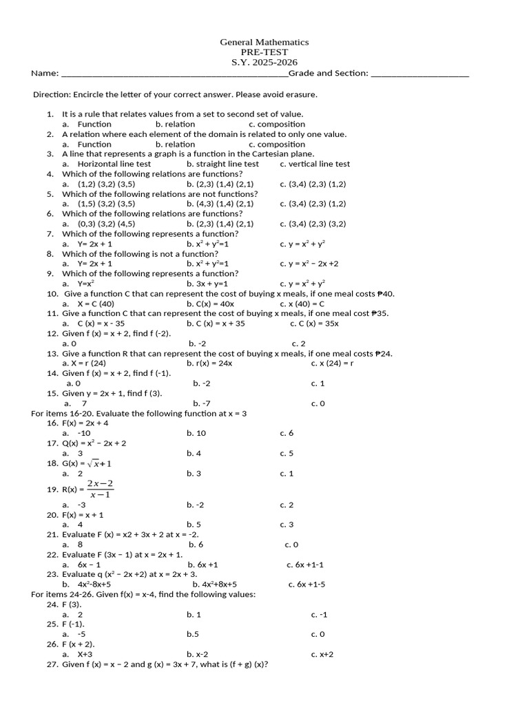 Gen Math 1st Quarter PRE TEST | PDF | Function (Mathematics ...