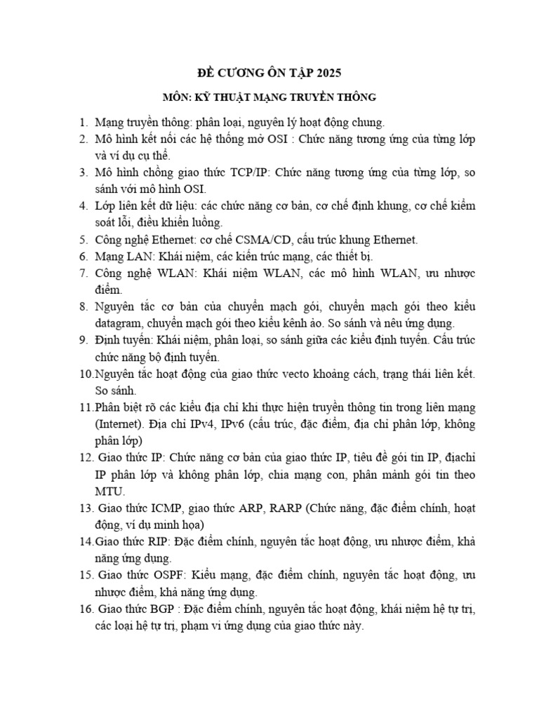 2025 ĐỀ CƯƠNG ÔN TẬP KTMTT | PDF