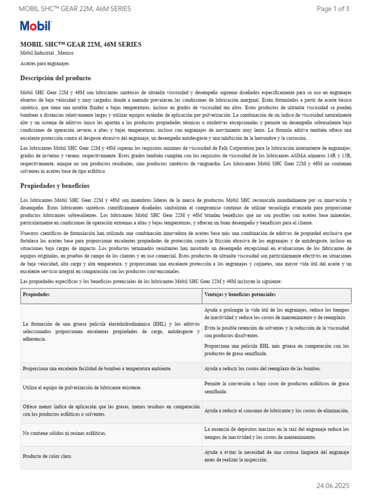 Lubricantes Mobil SHC Gear 22M y 46M | PDF | Lubricante | Ingeniería ...