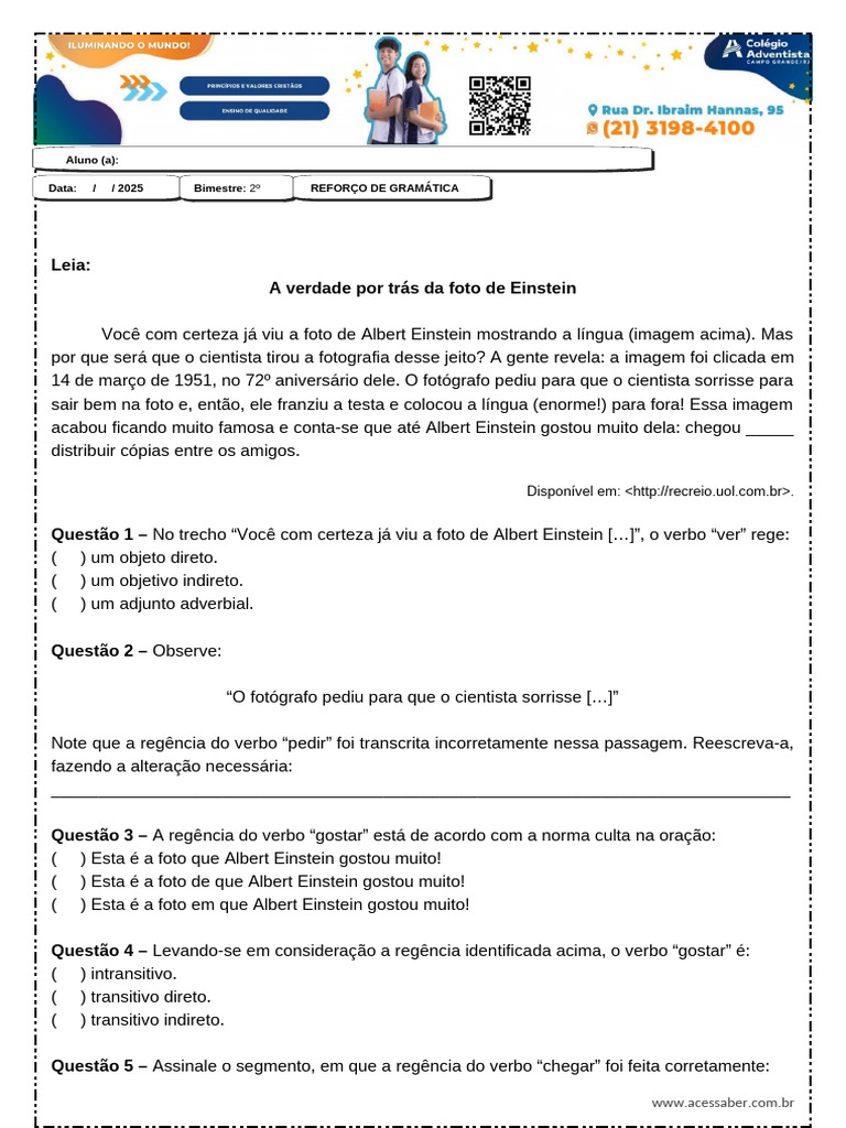Exercícios de Regência Verbal para 8º Ano | PDF