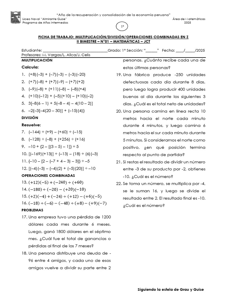 Ficha de Trabajo: Matemáticas 1° Grado | PDF | Operaciones militares ...