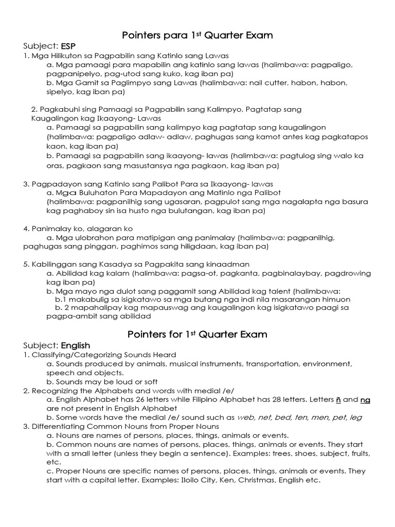 Pointers for 1st Quarter Exam | PDF