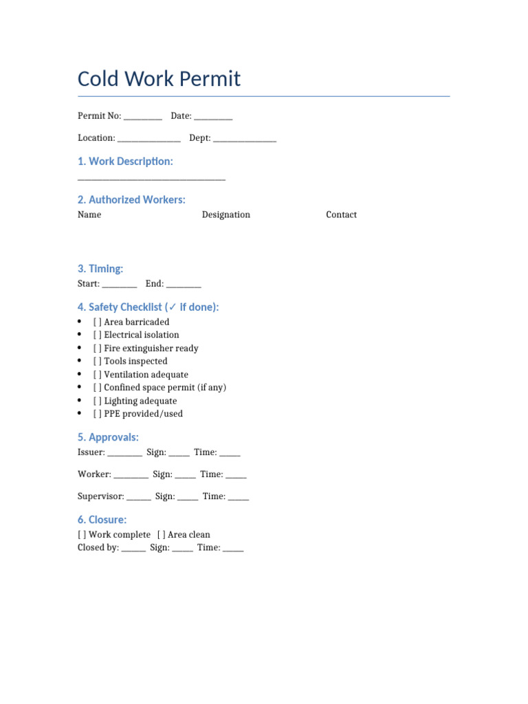 Cold Work Permit Concise | PDF