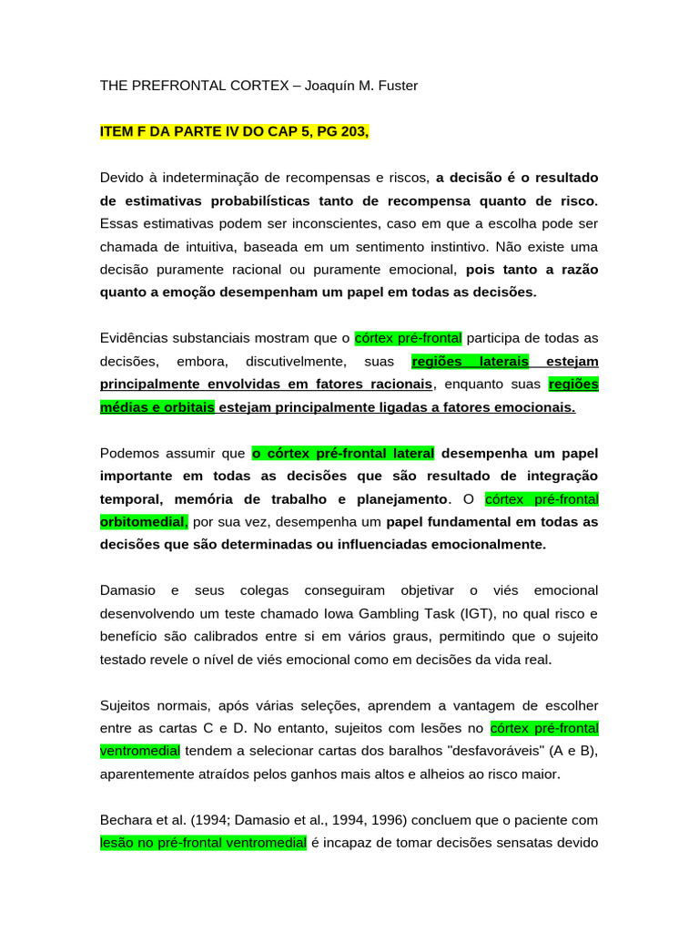 Funções do Córtex Pré-Frontal na Decisão | PDF | Córtex cerebral ...
