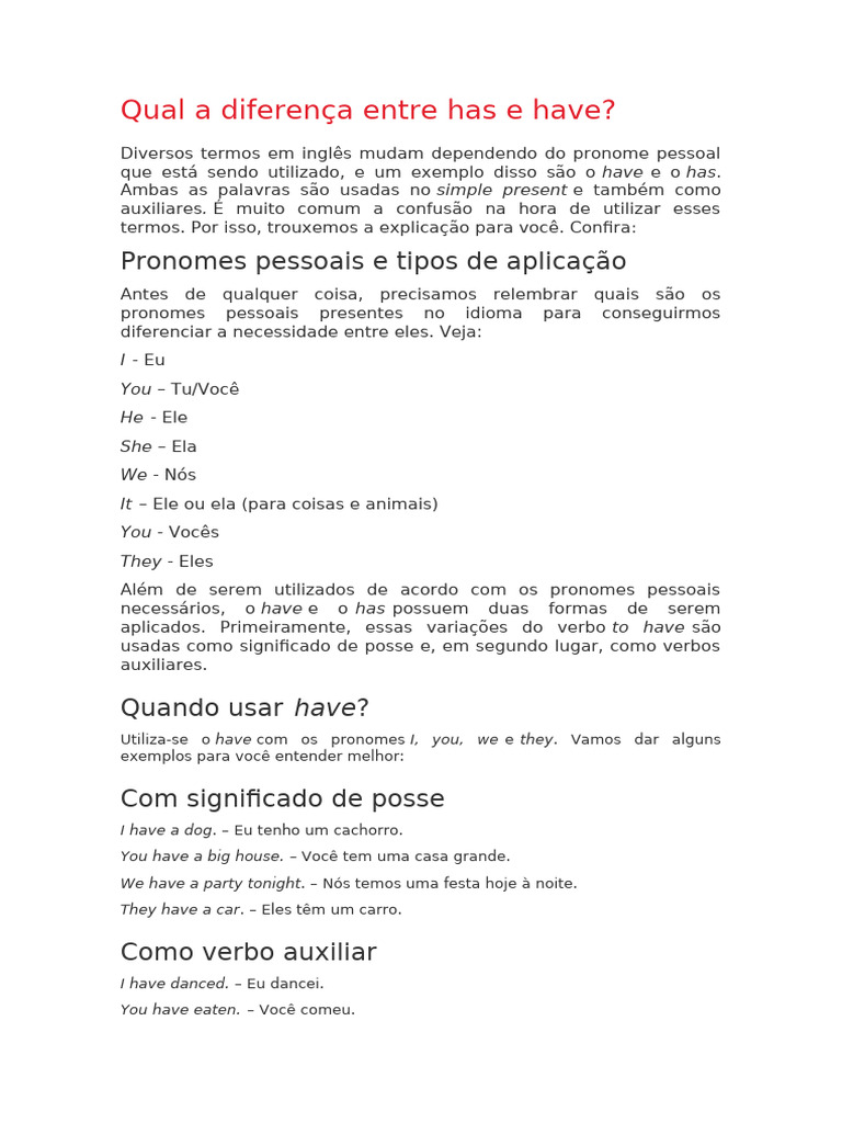 Diferença entre has e have | PDF