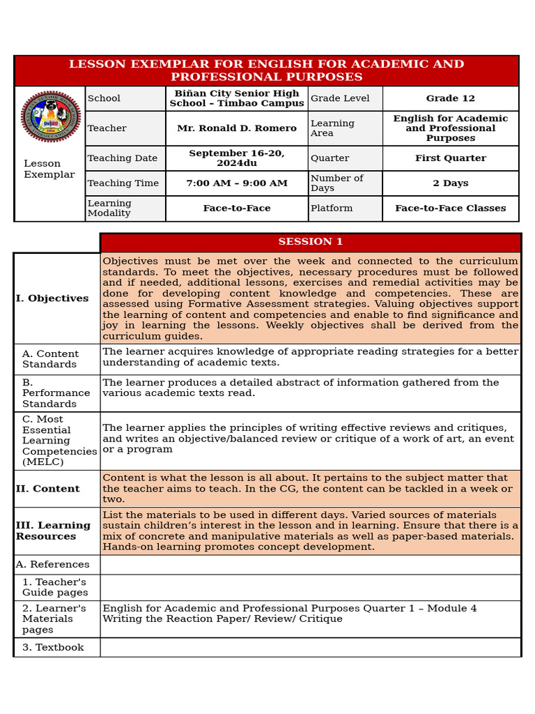 English Lesson Plan: Reaction Papers | PDF | Learning | Curriculum