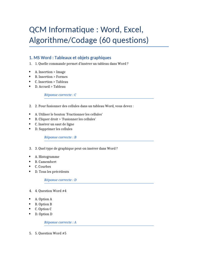 QCM Word et Excel : 60 questions corrigées | PDF | Microsoft Excel ...