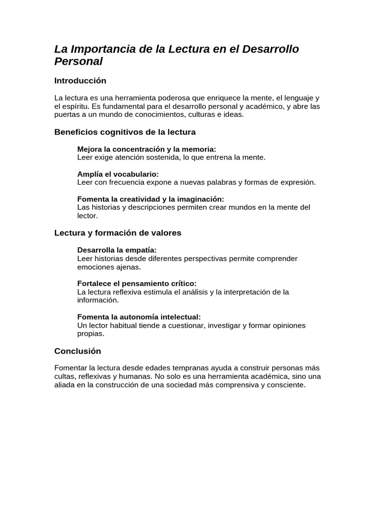 Beneficios de la Lectura en el Desarrollo Personal | PDF