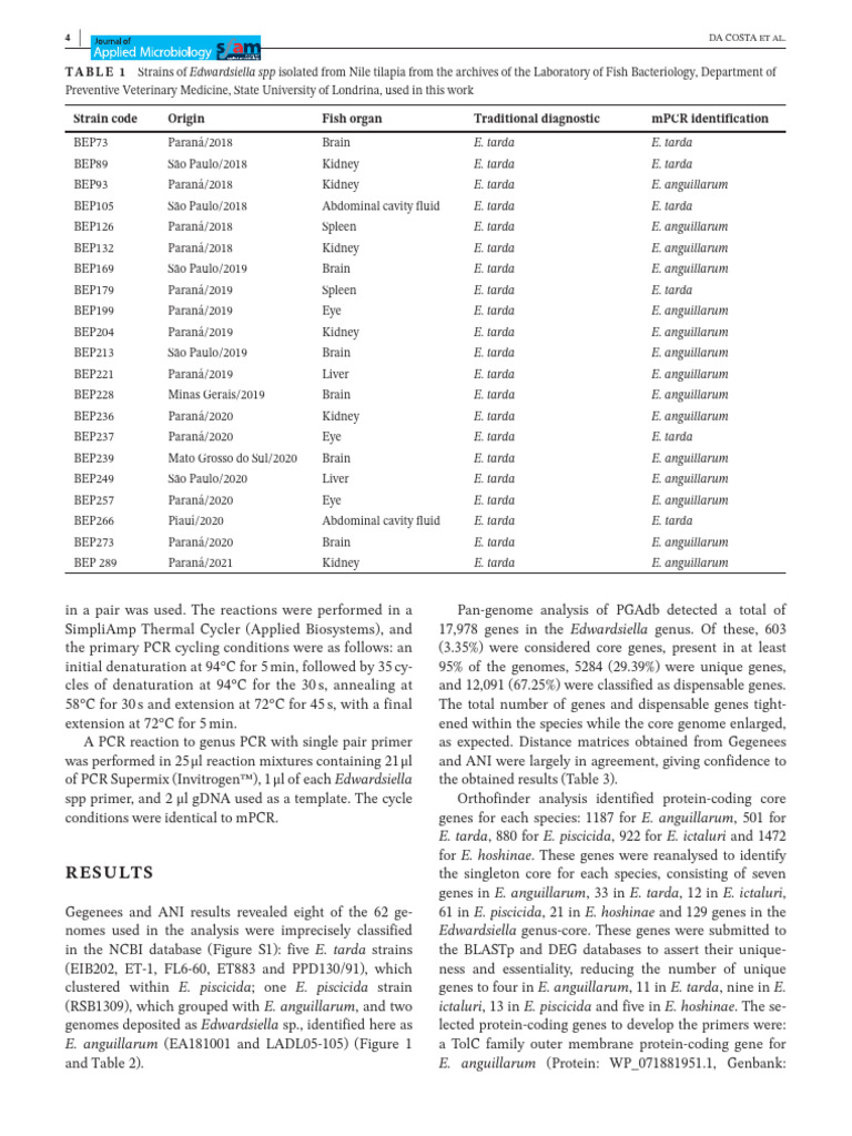 Results: Table 1 Strain Code Origin Fish Organ Traditional Diagnostic ...