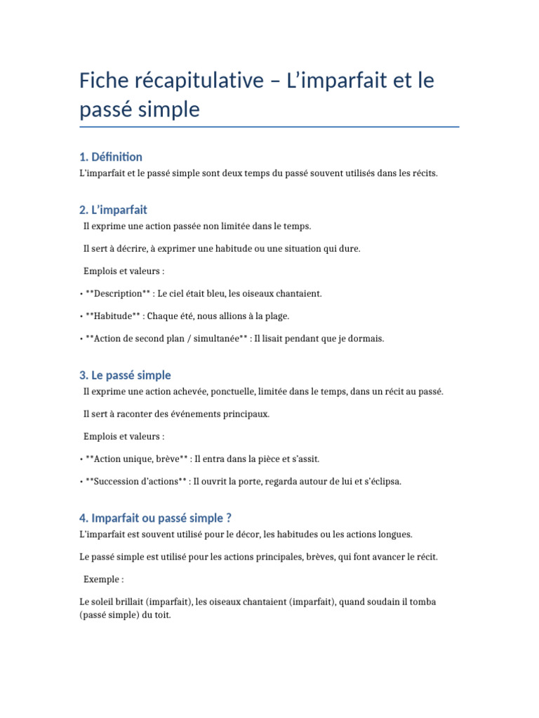 Imparfait vs Passé Simple : Guide Pratique | PDF