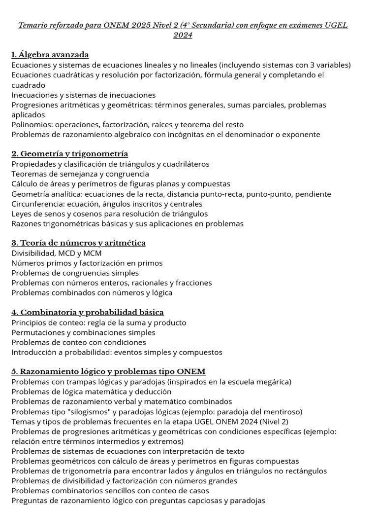 Temario ONEM 2025 Nivel 2 Secundaria | PDF