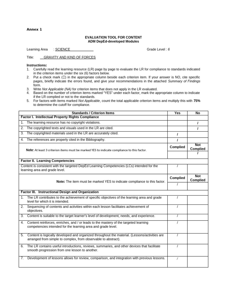 Evaluation Tool for Grade 6 Science Module | PDF | Learning | Creativity