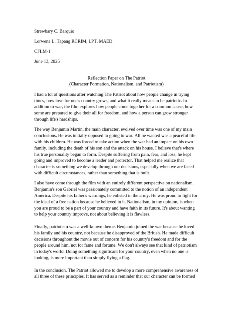 Original The Patriot Reflection MLA | PDF | Nationalism