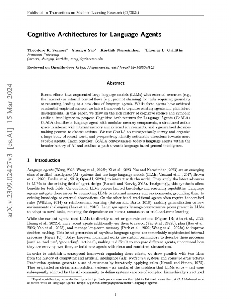 Cognitive Architectures for Language Agents | PDF | Artificial ...