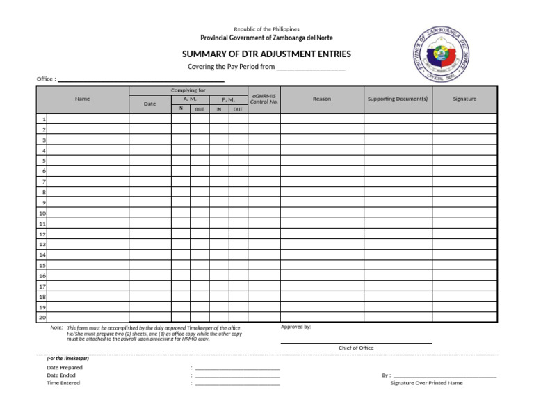DTR Adjustment Summary Form | PDF