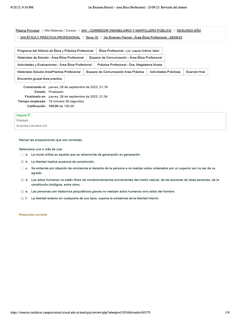 Examen Parcial Ética Profesional 2023 | PDF | Moralidad | Dignidad