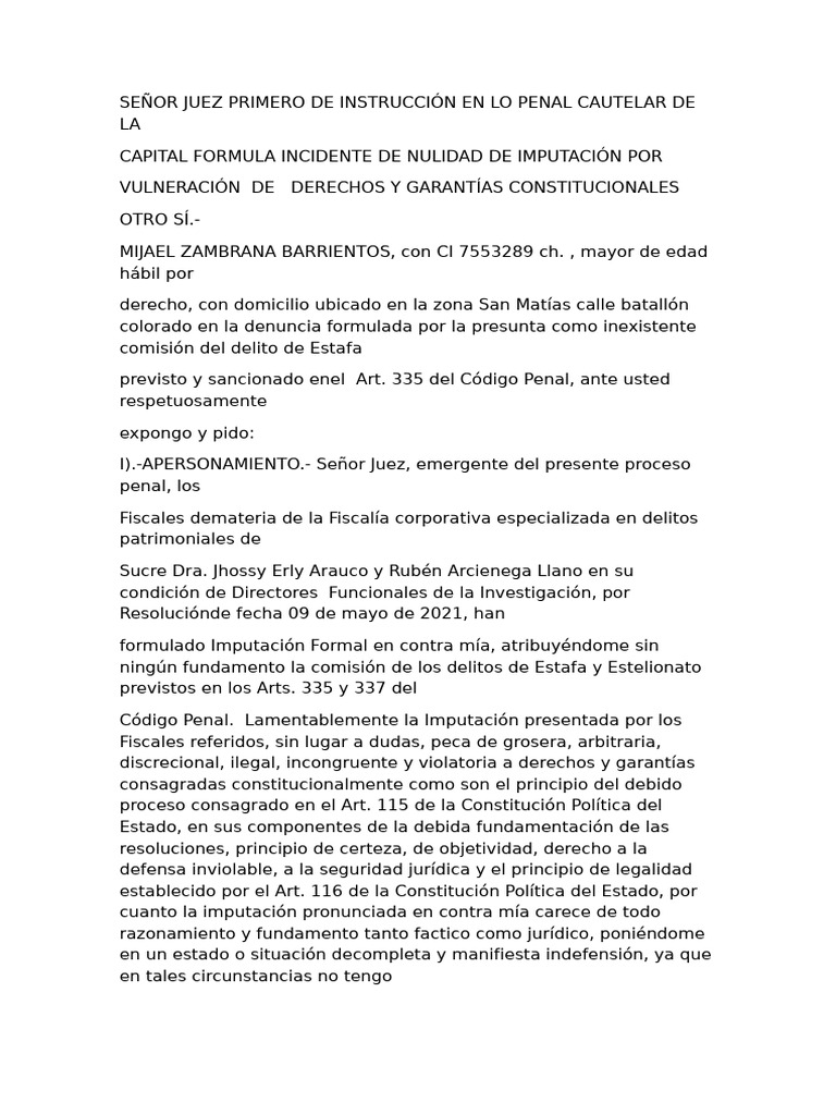 Señor Juez Primero de Instrucción en Lo Penal Cautelar de La | PDF ...