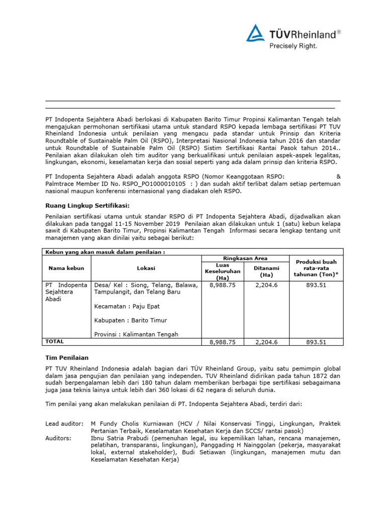 Penilaian Sertifikasi RSPO PT Indopenta | PDF