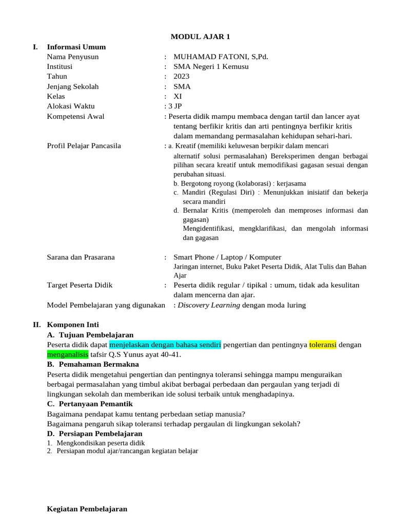 Modul Ajar PAIB KLS XI Modul 1 Pertemuan 1 Toleransi Berdiferensiasi | PDF