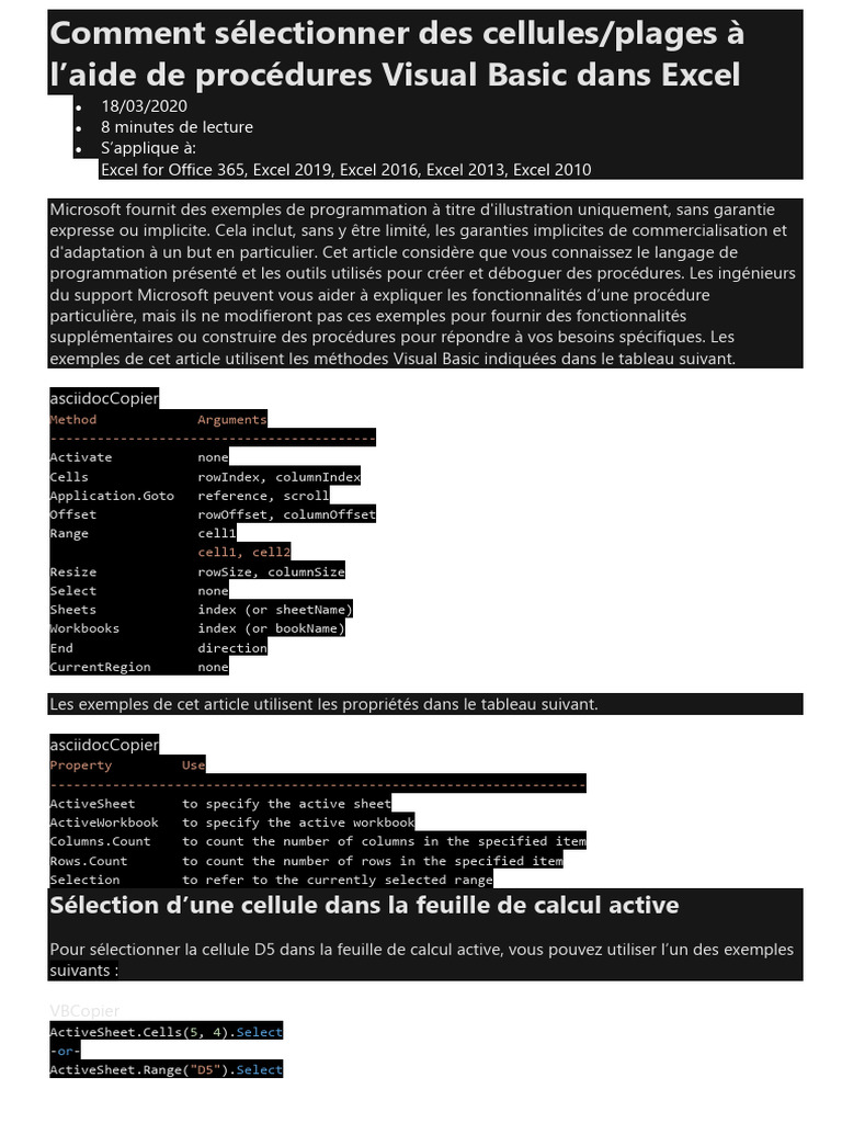Sélection de plages avec Visual Basic | PDF | Microsoft Excel | De base