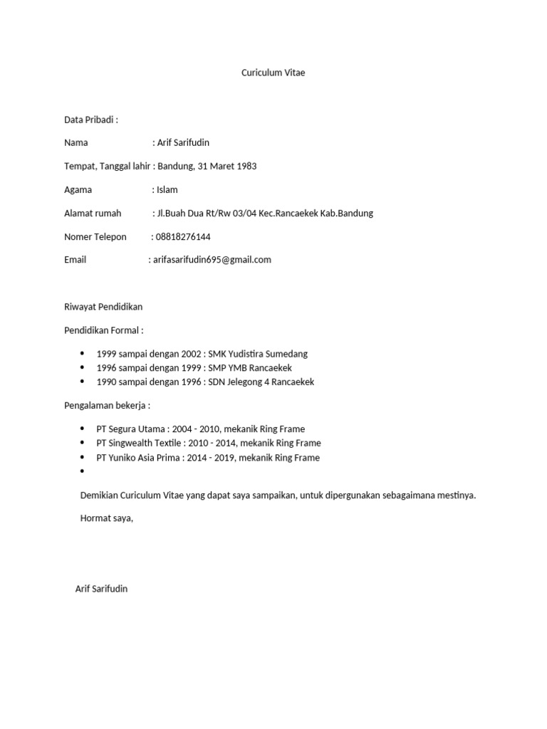 CV Arif Sarifudin - Mekanik Textile | PDF