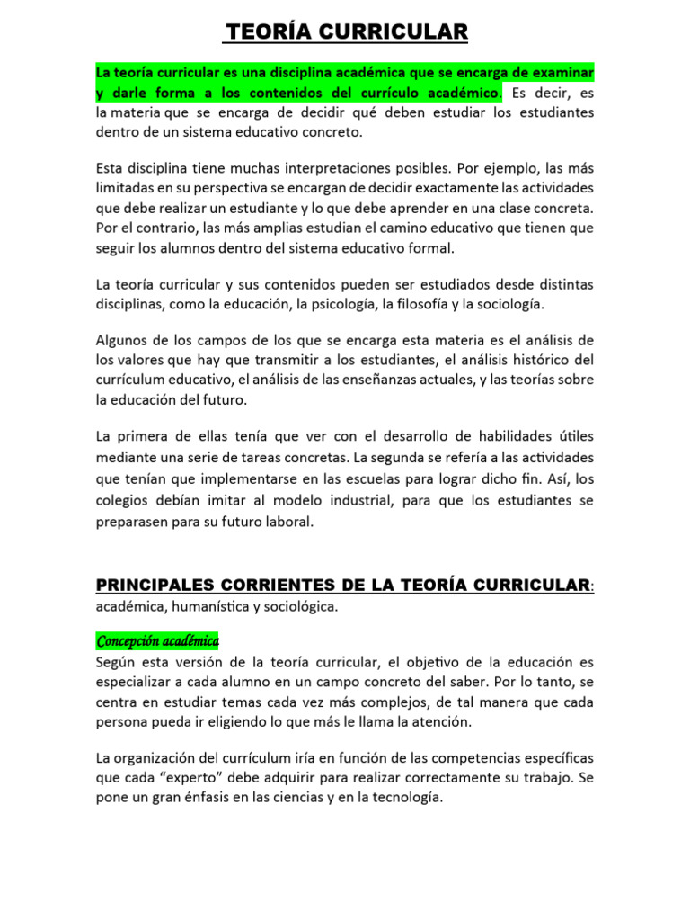 Definición de Teoría Curricular | PDF | Plan de estudios | Aprendizaje