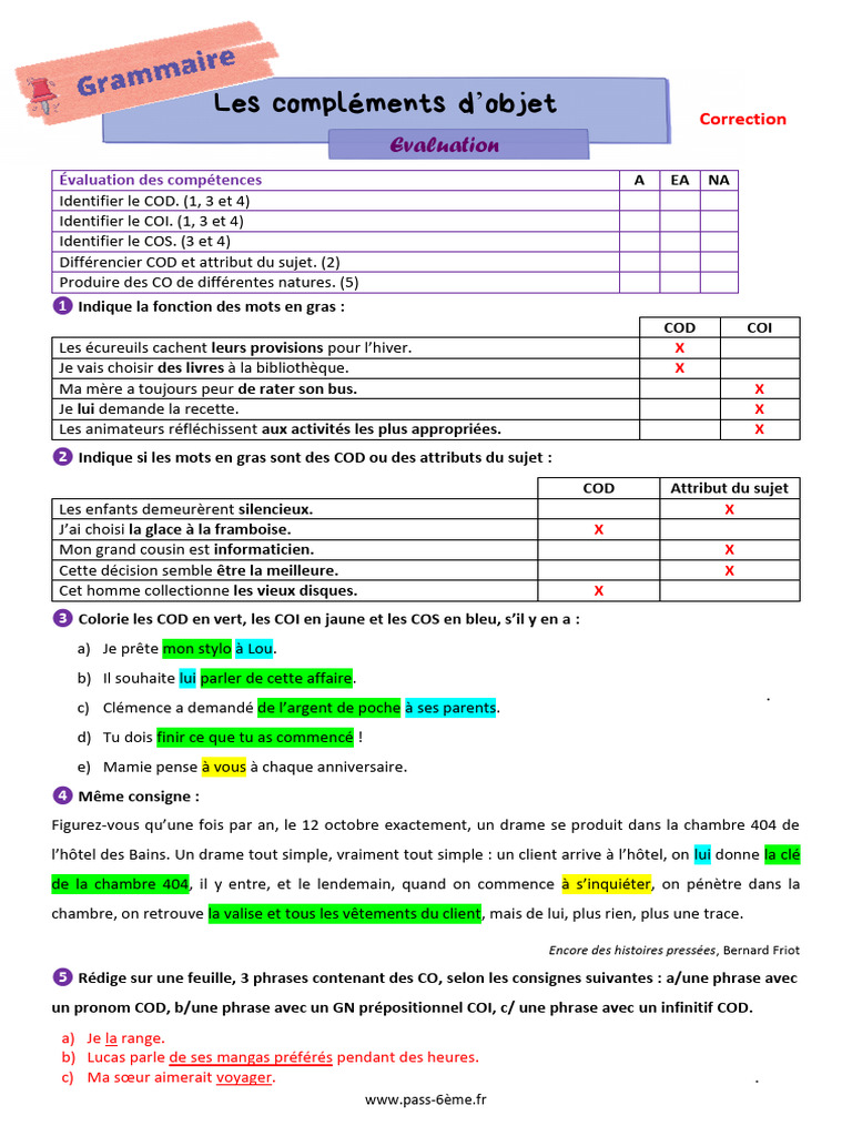 Exercices COD et COI 6ème avec corrections | PDF | Complément d'objet ...