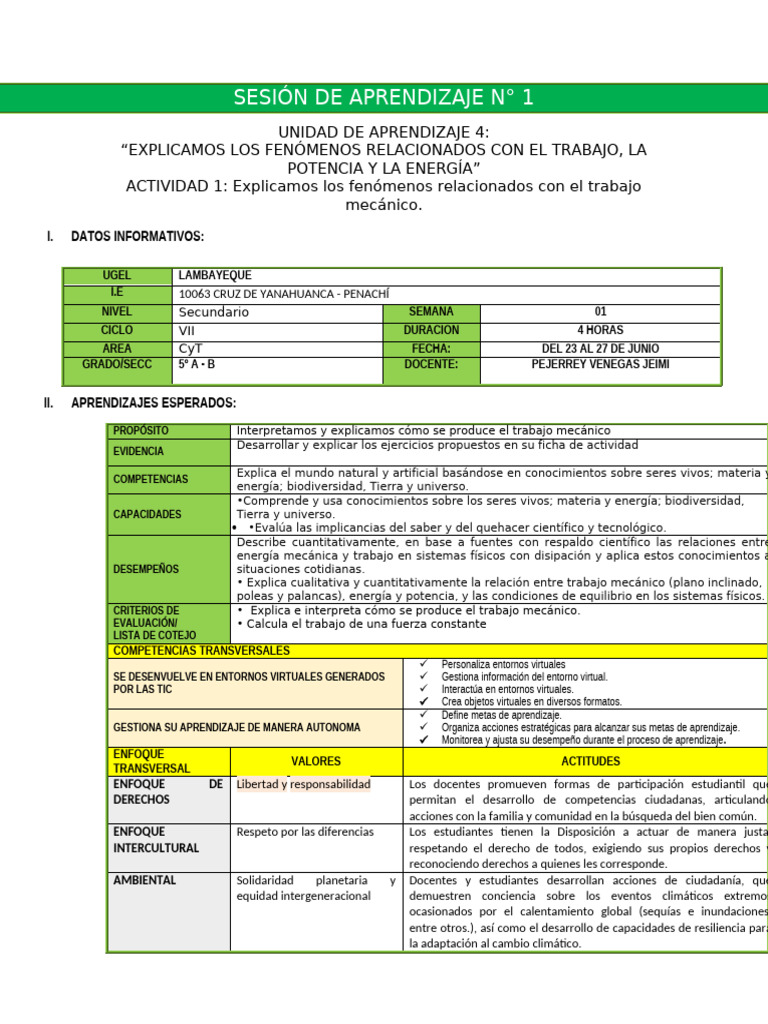 Sesión 1 Unidad 4 | PDF | Fuerza | Aprendizaje