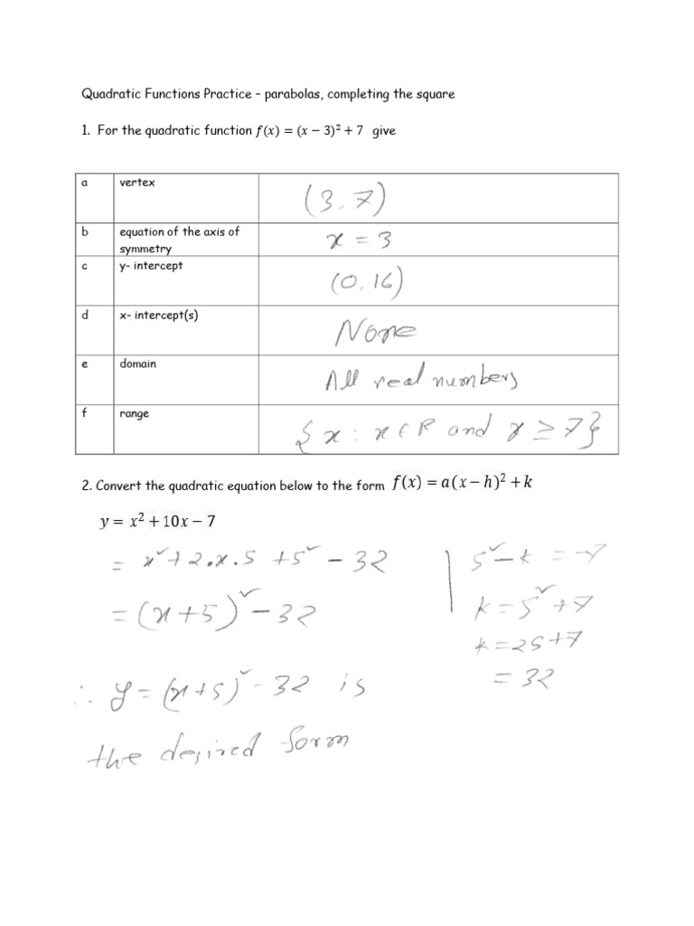 WK 11 Assn Quadratic Functions Practice | PDF