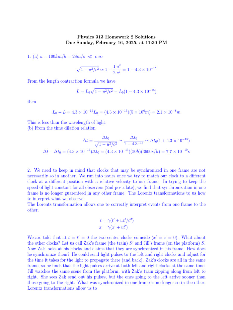 Physics 313 Homework 2 Solutions | PDF | Physics | Theory Of Relativity